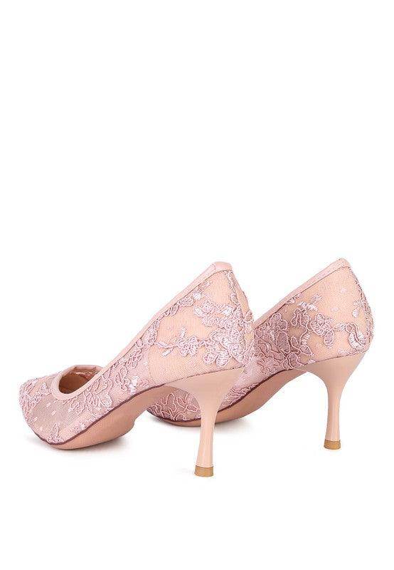 Elegant pink reunion high heel shoes with floral lace detailing for special occasions