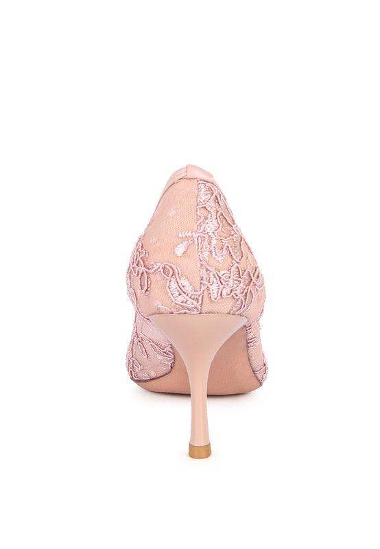 Elegant pink reunion high heel shoes with floral embroidery and a sleek stiletto design
