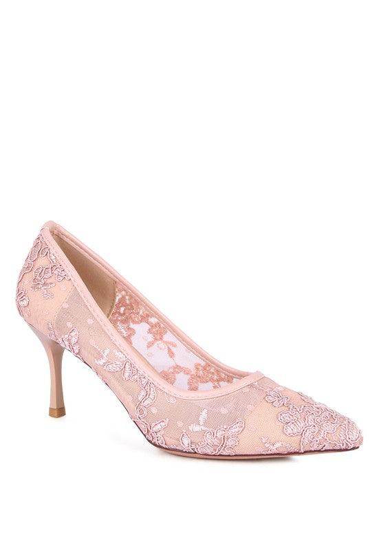 Elegant lace detail reunion high heel shoes for women in soft pink color