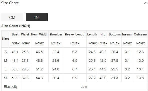 Size chart for ribbed textured matching set for women showing bust waist hip and sleeve measurements in inches