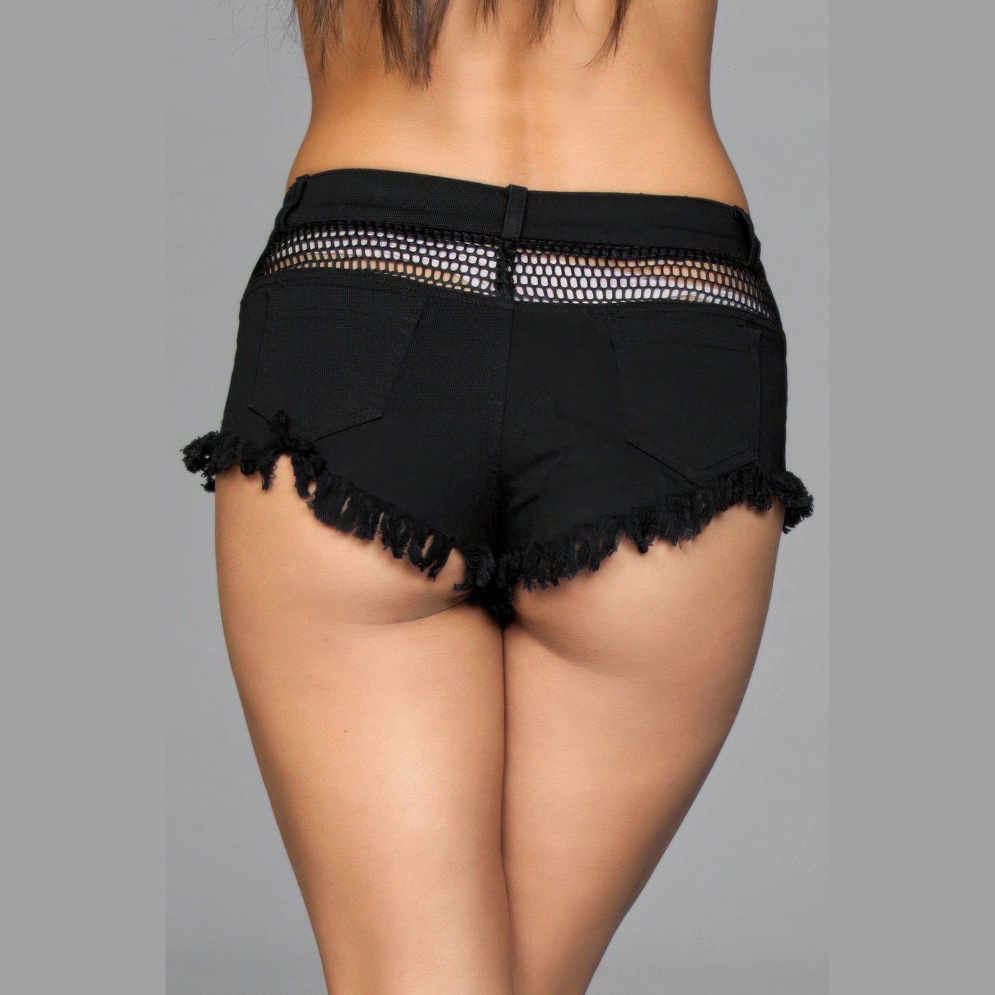 VacationGrabs women's sexy fishnet pocket shorts in black with frayed hem and mesh detail