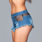 VacationGrabs women's sexy fishnet pocket shorts in distressed denim with frayed hem