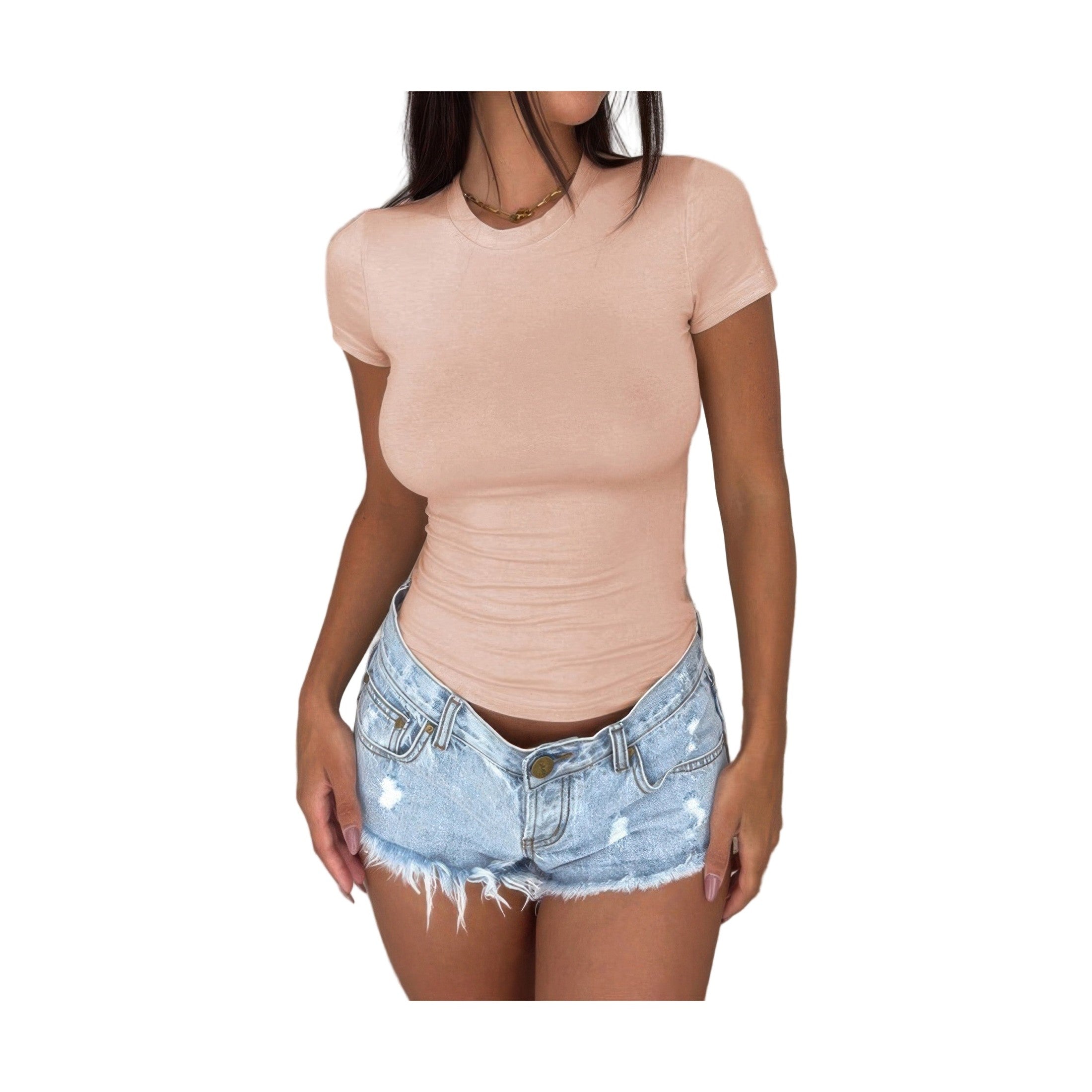 VacationGrabs women's short sleeve slim fit t shirt in soft peach color, paired with denim shorts