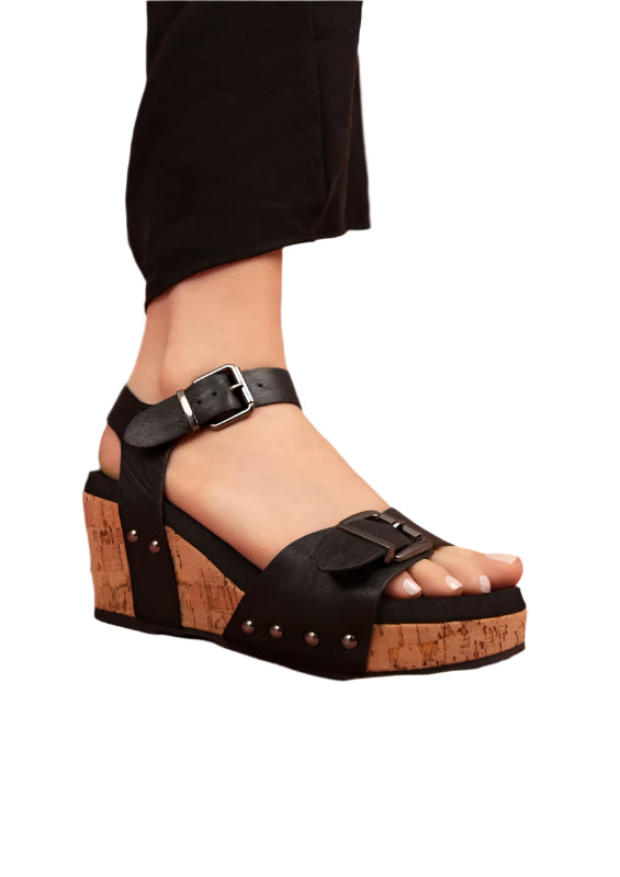 Maker's Shoes women's stylish cork platform sandals with black straps and silver buckle detail