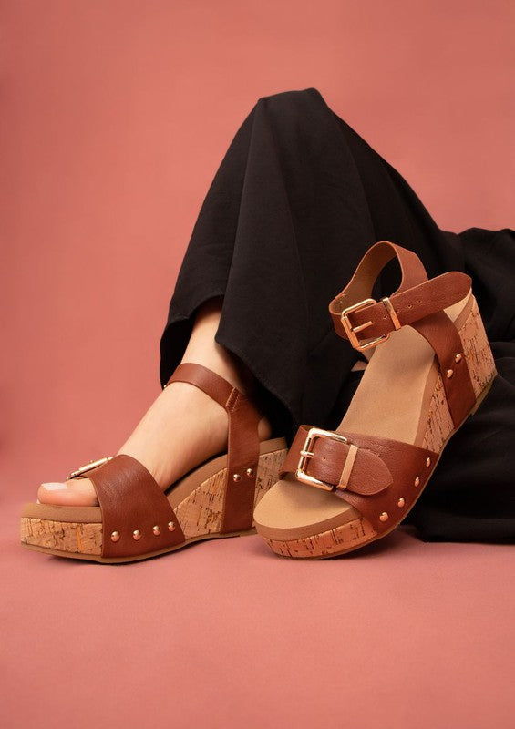 Maker's Shoes stylish cork platform sandals with brown leather straps and gold buckle details