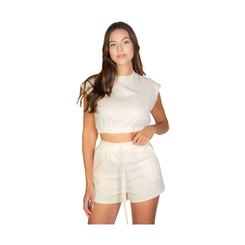 Capella summer two piece lounge outfit with cropped top and high-waisted shorts in cream color