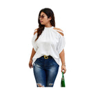 VacationGrabs trendy plus size cold shoulder shirt in white worn with distressed jeans