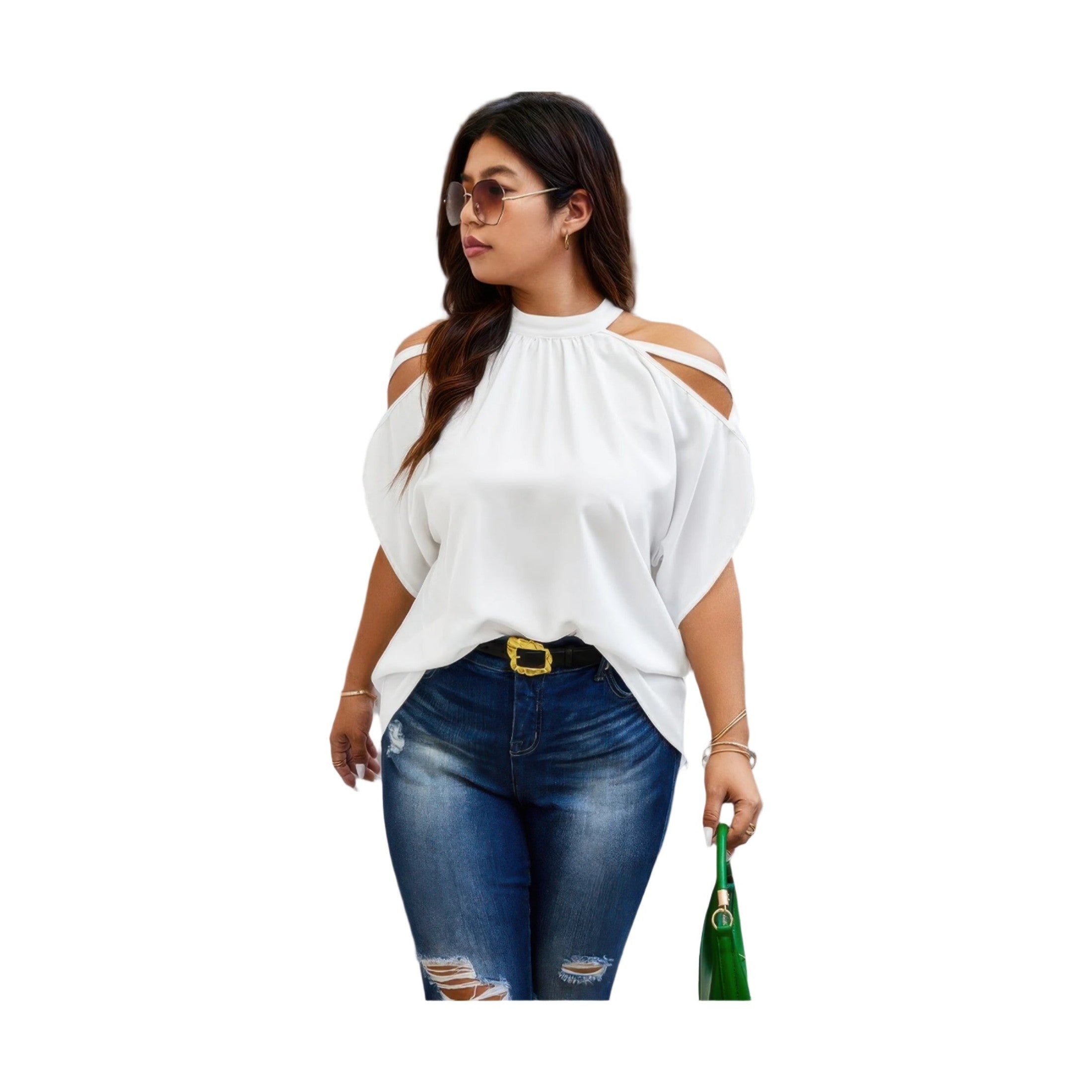 VacationGrabs trendy plus size cold shoulder shirt in white worn with distressed jeans