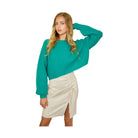 Mustard Seed teal ribbed trendy sweater tops for women paired with a beige ruched skirt