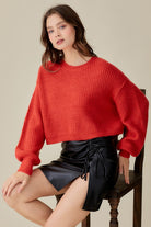 Mustard Seed red chunky knit trendy sweater tops for women paired with black leather skirt