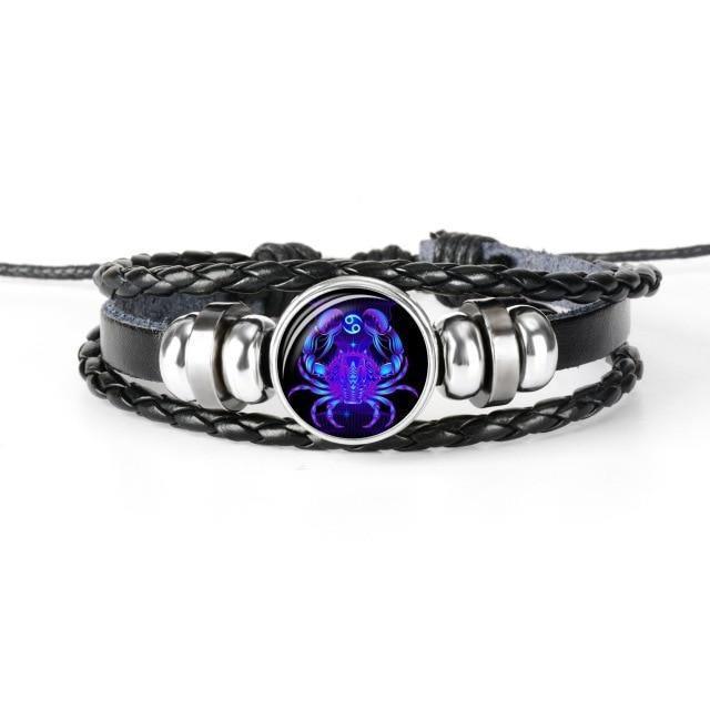 Unique zodiac sign wristbands in black leather with a colorful Scorpio emblem for astrology lovers