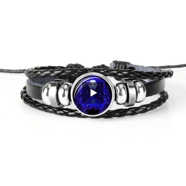 Unique zodiac sign wristbands featuring a blue stone centerpiece and braided leather design