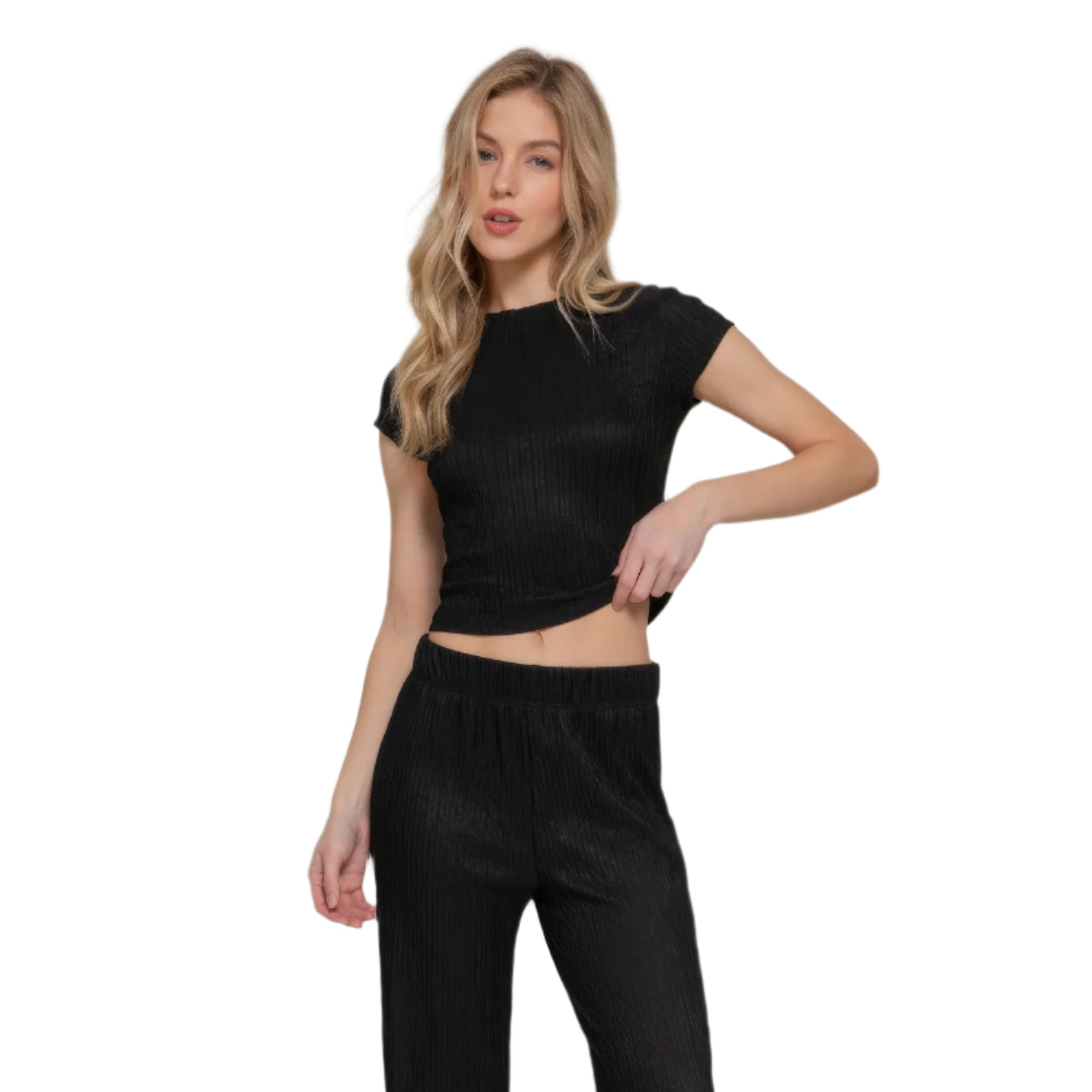 Vacation casual two piece set black ribbed short sleeve top and wide leg pants for women