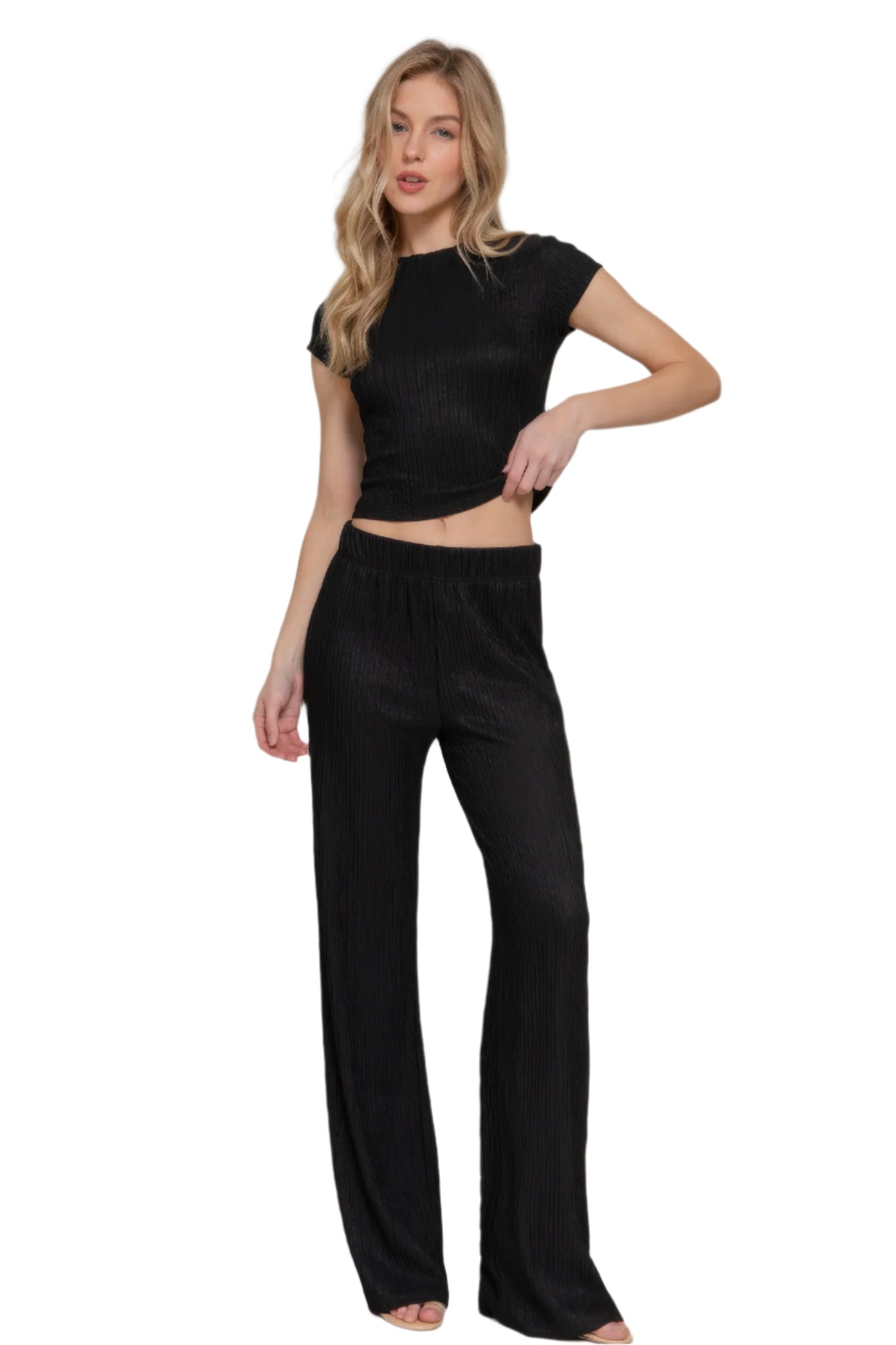 Vacation casual two piece set black ribbed short sleeve top and wide leg pants for women