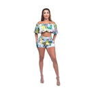 Athina vacation two piece set featuring off-shoulder floral crop top and matching high-waist shorts