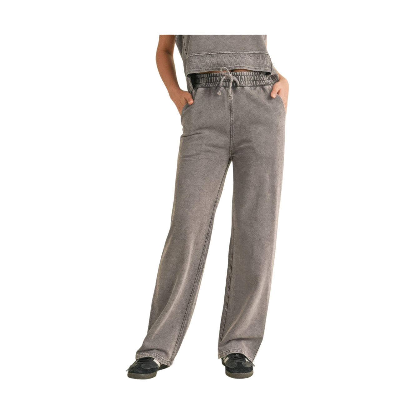 VacationGrabs womens relaxed fit mineral wash trousers in gray with drawstring waist and pockets