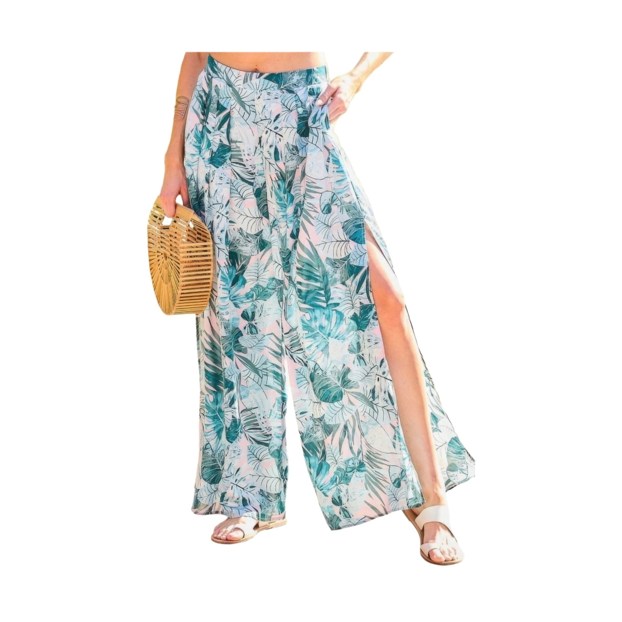 VacationGrabs women's vacation pants with tropical leaf print and side slits perfect for beachwear