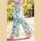 VacationGrabs women's vacation pants with tropical leaf print and wide-leg flowy design