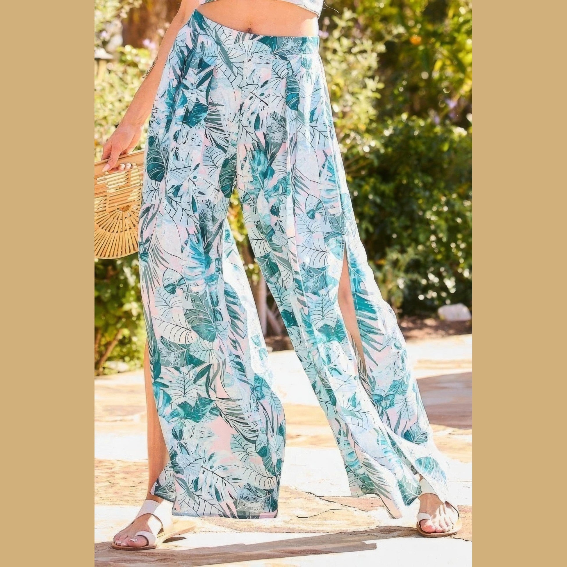VacationGrabs women's vacation pants with tropical leaf print and side slits perfect for summer