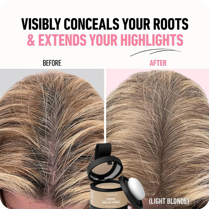 Light blonde hair line powder for thinning hair, conceals roots and highlights