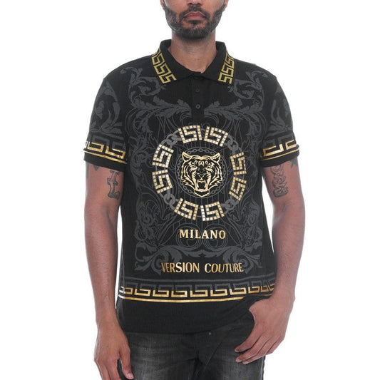WEIV men's Version Couture Milano shirt black polo with gold tiger and geometric patterns
