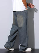 Mens Retro Vintage Blue Wide Leg Baggy Jeans Loose Denim Pants - VacationGrabs