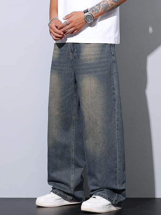 Mens Retro Vintage Blue Wide Leg Baggy Jeans Loose Denim Pants - VacationGrabs