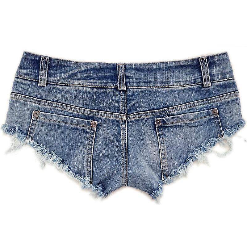 Vintage blue denim shorts with a frayed hem for a stylish summer look