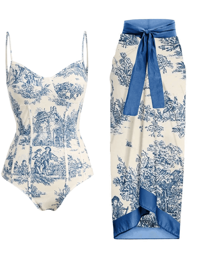 Vintage boho swimsuit set featuring a floral one-piece and matching wrap skirt in blue and cream