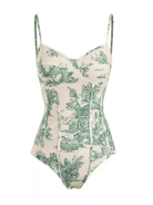 Vintage boho swimsuit set in cream and green floral design for stylish beach outings