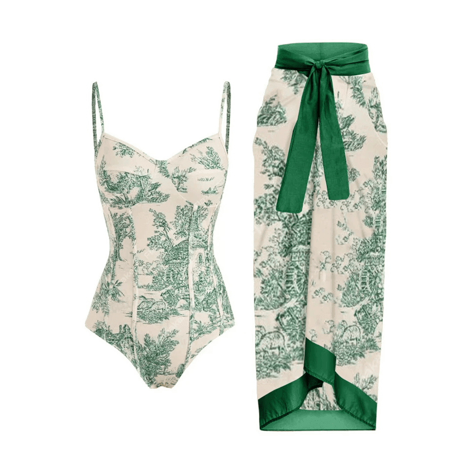 Vintage boho swimsuit set featuring a floral bodysuit and matching sarong for stylish beachwear