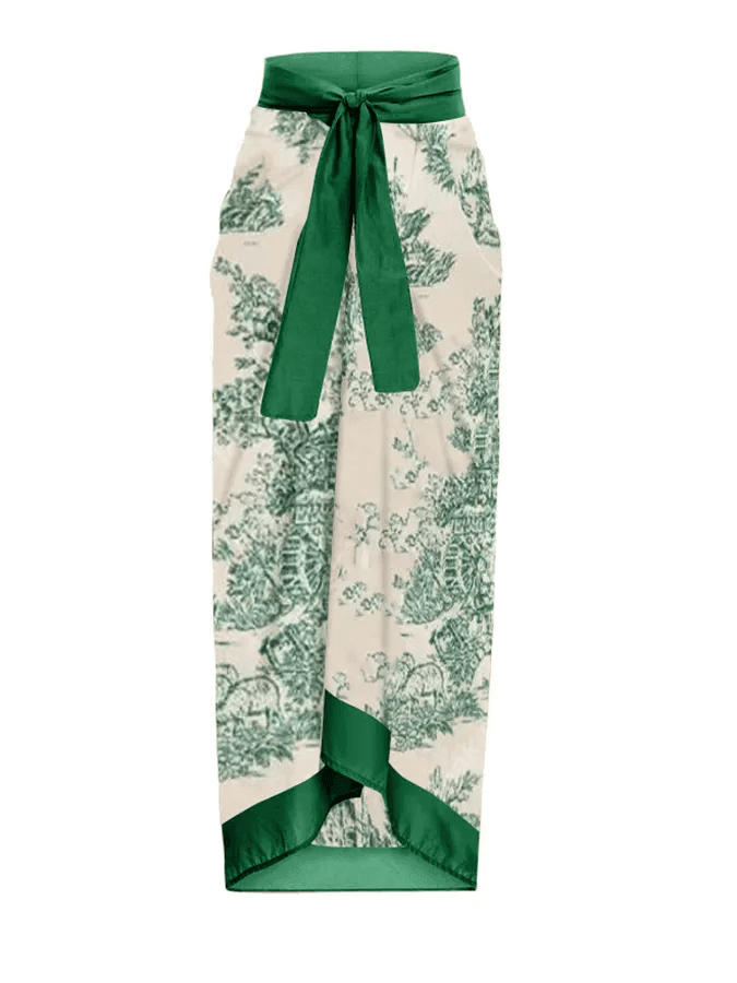 VacationGrabs Vintage Boho Swimsuit Set with Green and Cream Floral Print and Ties for a Stylish Look