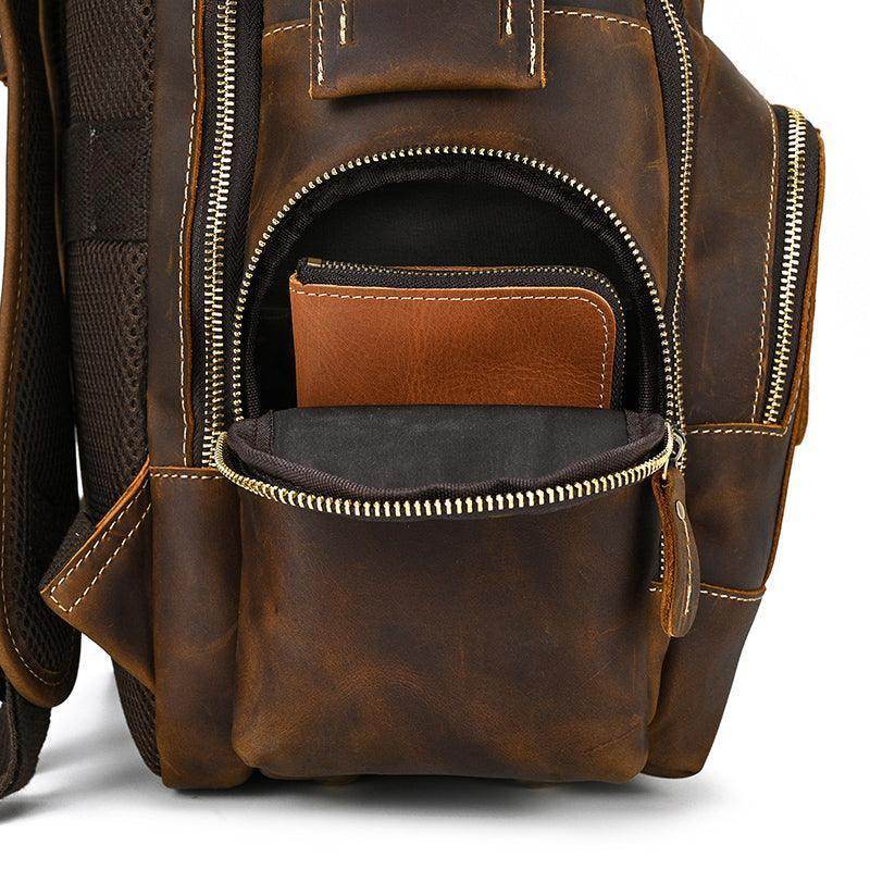 Vintage leather backpack with multiple pockets and a classic brown finish for travel enthusiasts