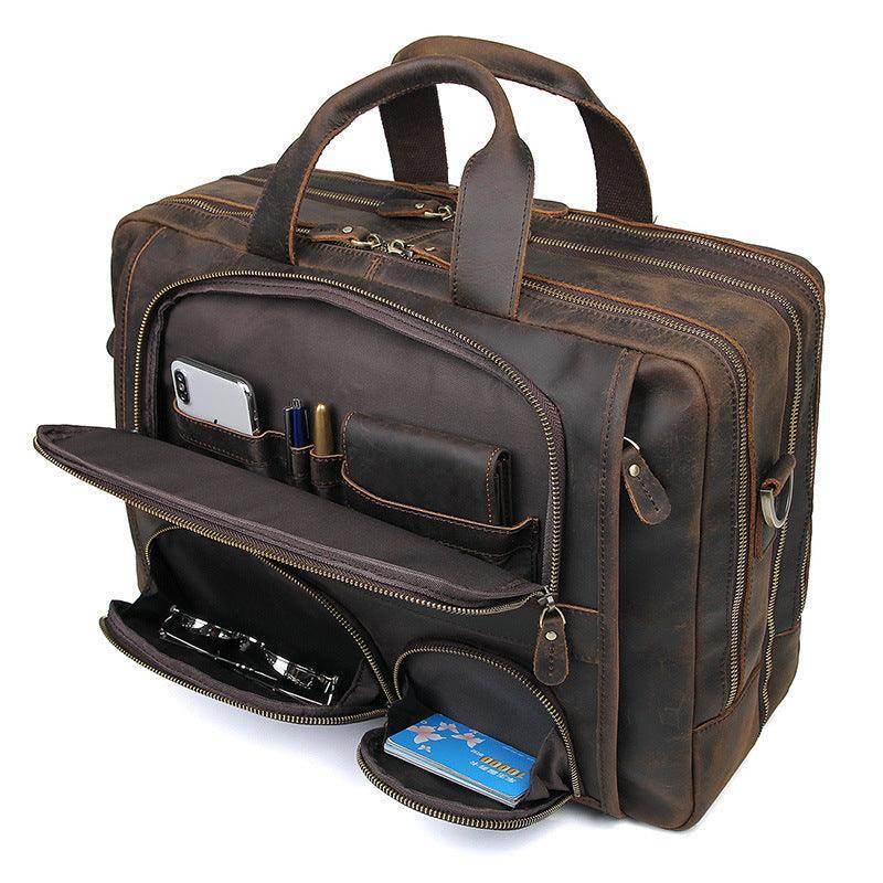 Vintage leather briefcase with multiple compartments and pockets for organization and convenience
