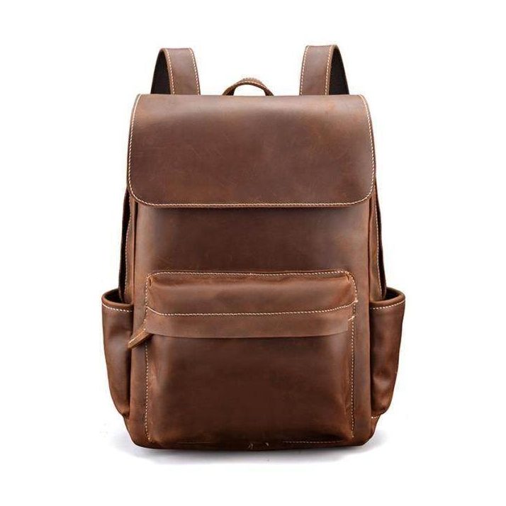 Vintage leather laptop backpack in brown with multiple compartments for efficient organization