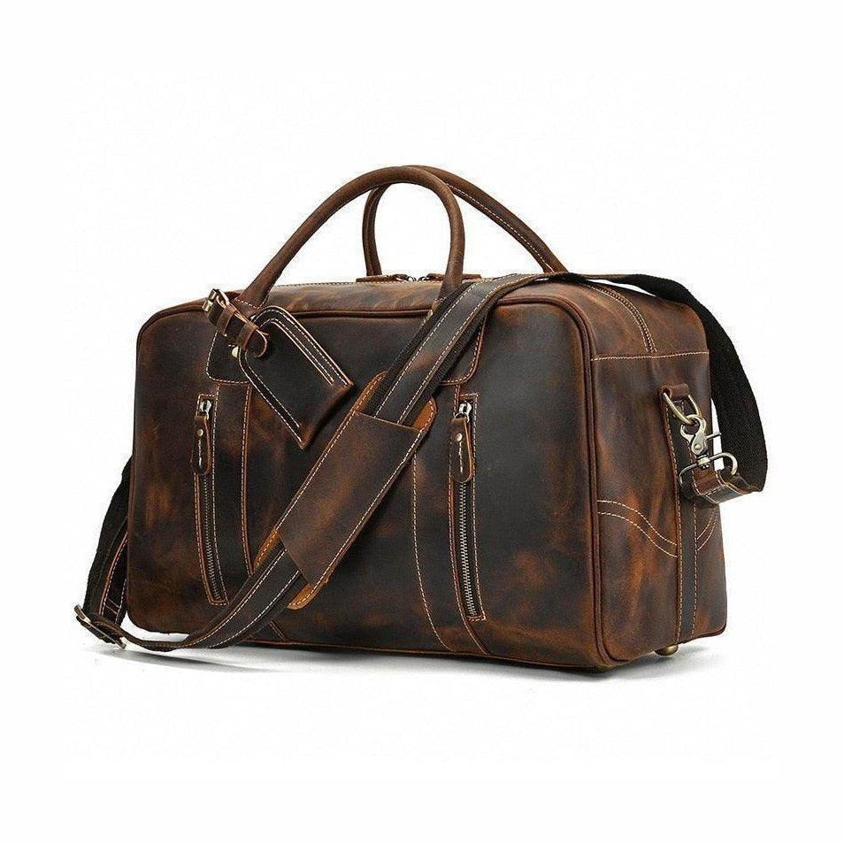 VacationGrabs vintage leather weekender bag with durable handles and removable shoulder strap