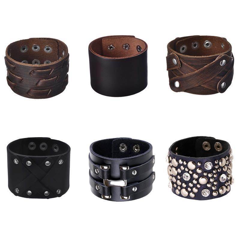 Collection of vintage punk bracelets for men in leather with studs and unique designs