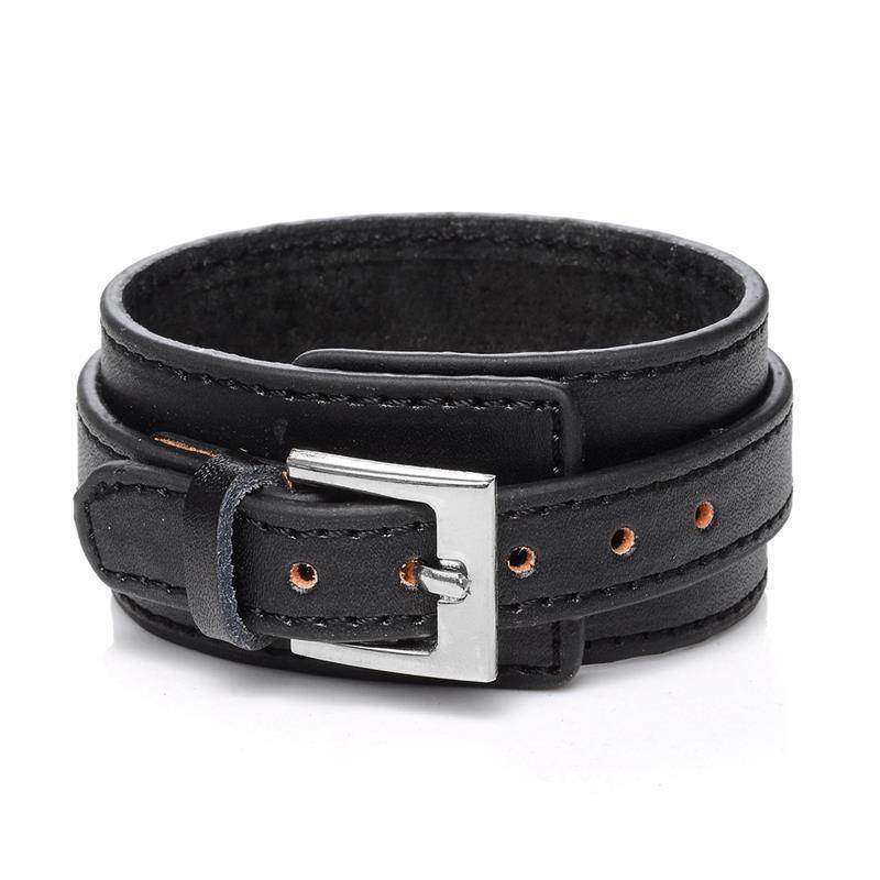 Stylish black leather vintage punk bracelets for men with a buckle closure, perfect for casual outfits
