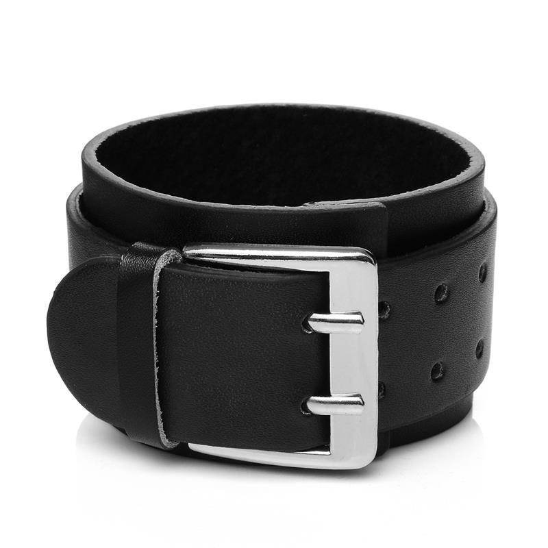 Black leather vintage punk bracelets for men with a buckle closure and studded design