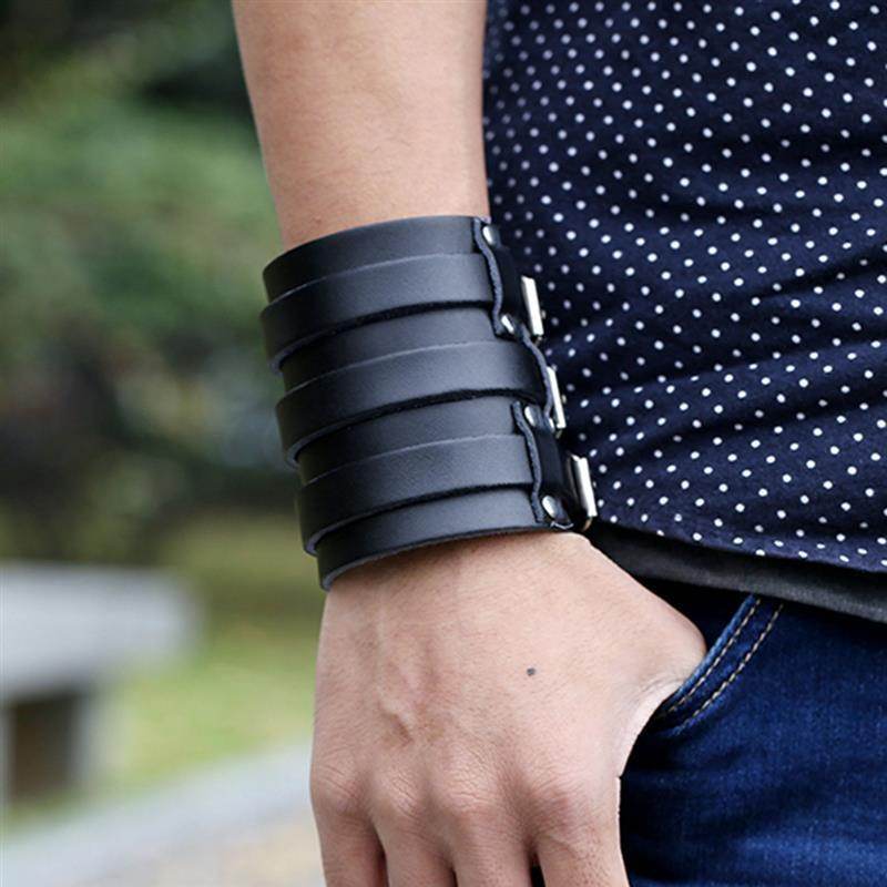 Stylish vintage punk bracelets for men made of black leather with a sleek design