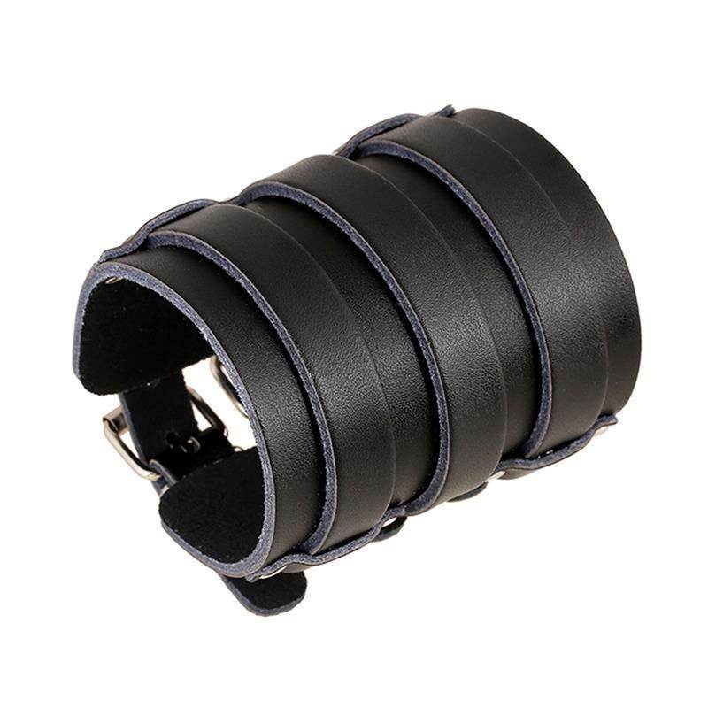 Vintage punk bracelets for men in black leather with layered design and adjustable buckle closure
