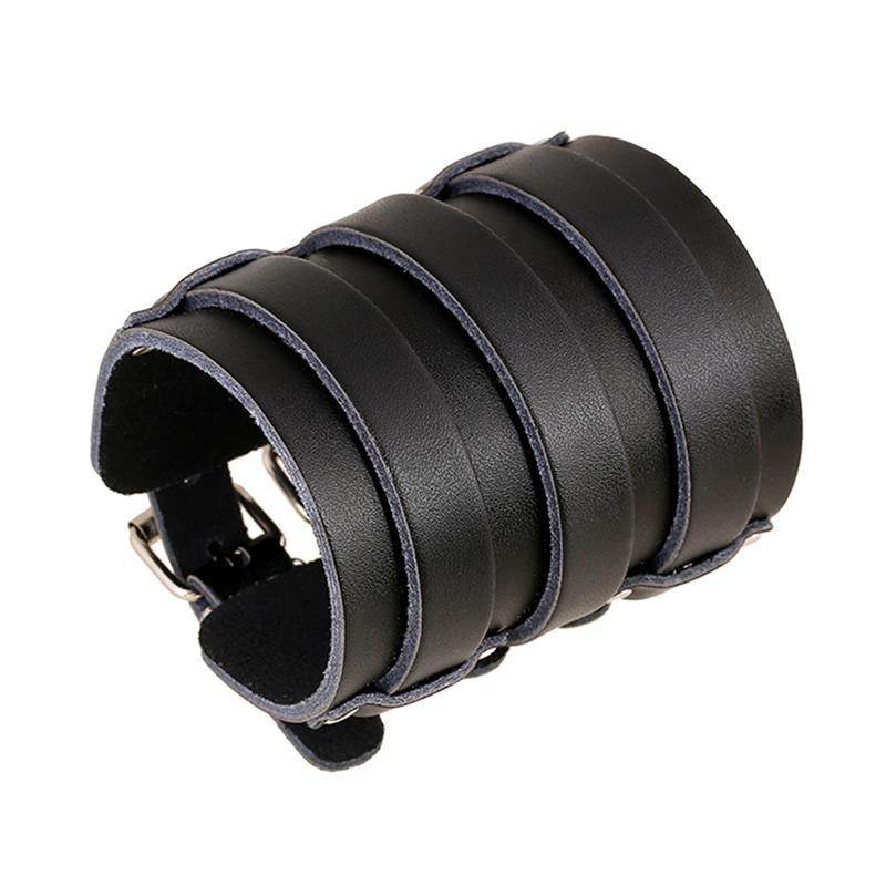 Stylish black vintage punk bracelets for men made of durable leather with adjustable buckle closure