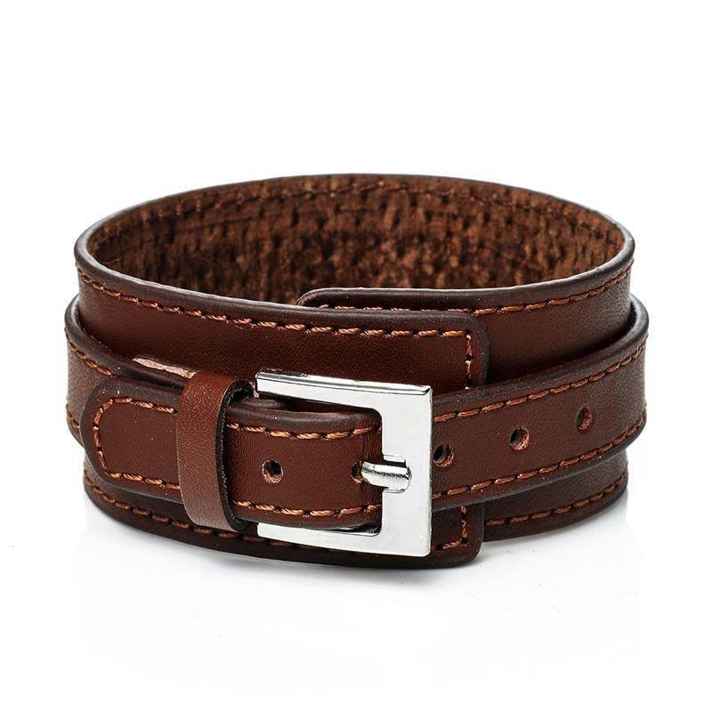 Vintage punk bracelets for men in brown leather with adjustable buckle closure and stitched detailing