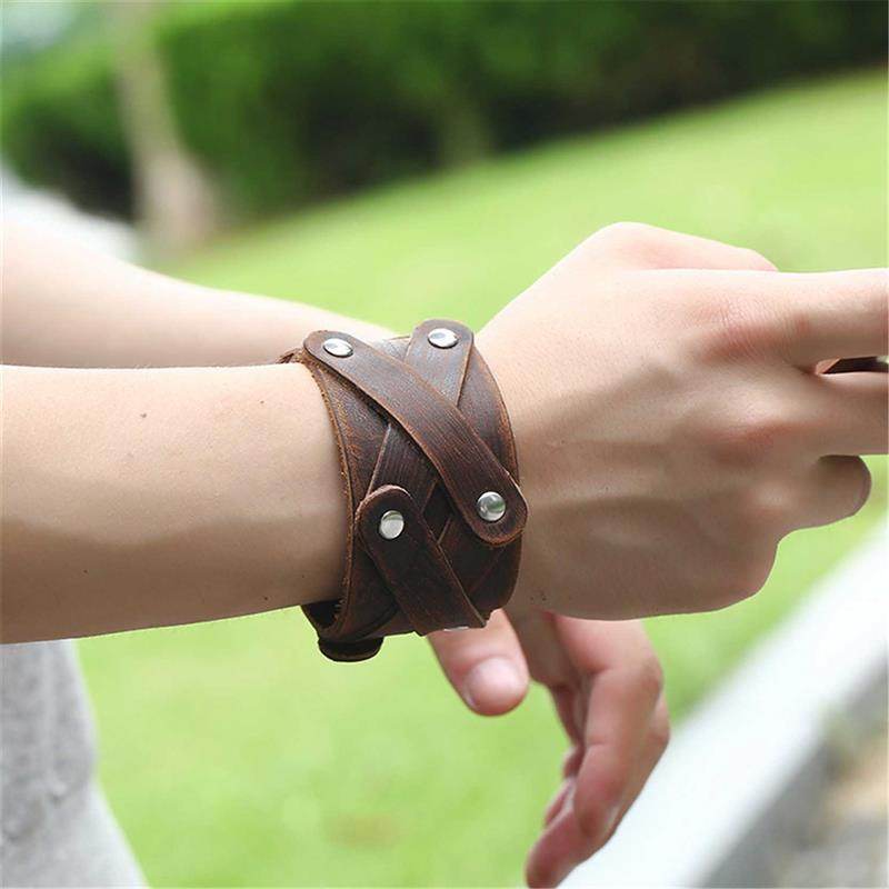 Brown leather vintage punk bracelets for men with metal studs for a stylish look