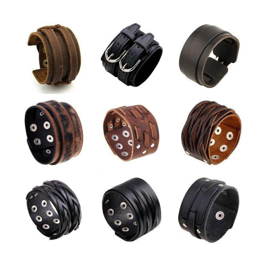 Collection of vintage punk wristbands for men featuring different styles and textures