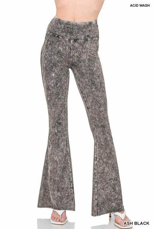 ZENANA vintage style flared pants in acid wash black for a trendy look