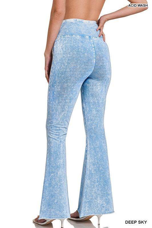 ZENANA Vintage style flared pants in acid wash blue for a trendy retro look