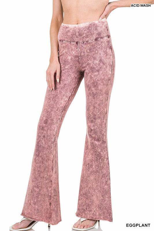 ZENANA Vintage style flared pants in acid wash eggplant color for a trendy retro look