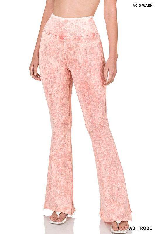 ZENANA Vintage style flared pants in acid wash pink for a retro-inspired look