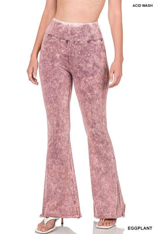ZENANA Vintage style flared pants in acid wash eggplant color with a high waist design